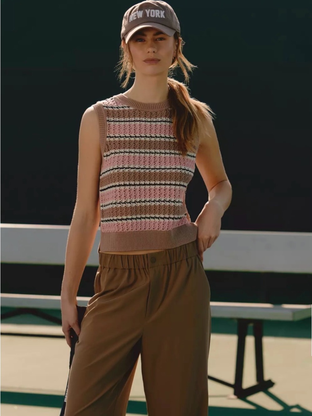 Varley Deeley Stripe Stitch Sweater Tank Pink & Taupe Striped Knit Vest 🆕